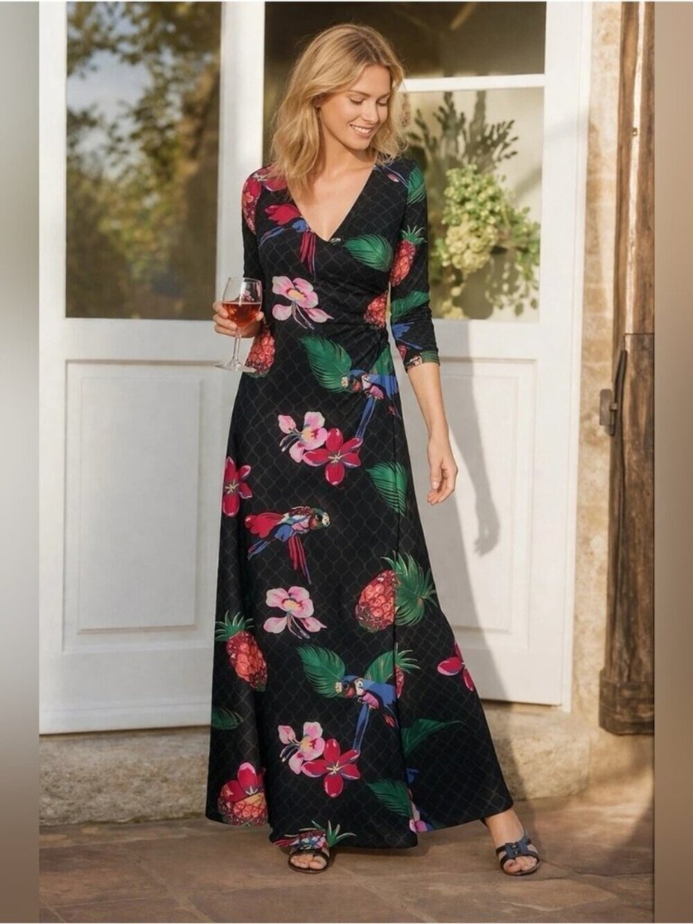 EUC Soft Surroundings Black Tropical Faux Wrap Maxi Dress Beach Resort womens XL